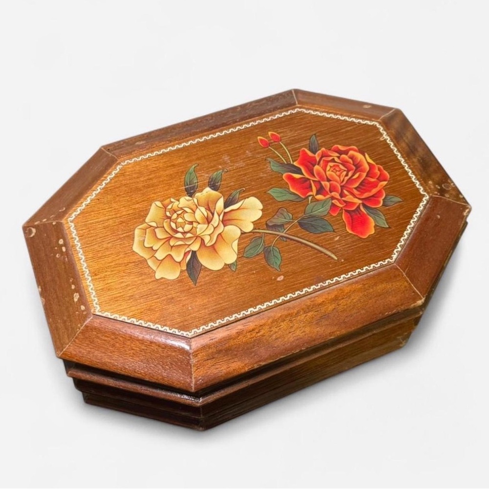 Vintage Wooden Jewelry Box by Centurion with Floral Design
